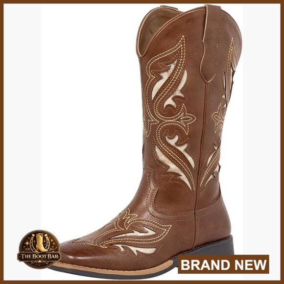 Women's Square Toe Cowboy Boots Mid Calf Chunky Heel Western Boots